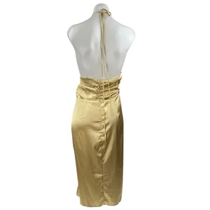 Danielle Bernstein Gold Yellow Silk Satin Halter Cutout Pencil Midi Dress Size L thumbnail 3