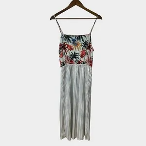 Zara Trafaluc Tropical Floral Silver Metallic Pleated Midi Dress Medium‎ Summer thumbnail 7