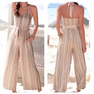 American Eagle Boho Striped Gauze Wide Leg Smocked Jumpsuit‎ Beige Large thumbnail 6