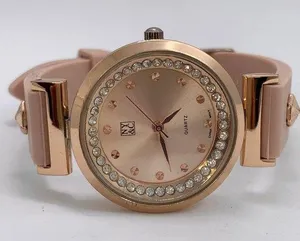 NY & C ladies 30mm rose gold tone rhinestones watch silicone band runs thumbnail 1