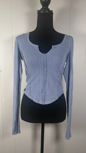 Free People We The Free XS Blue Pointelle Thermal Long Sleeve Raw Seam Top thumbnail 1