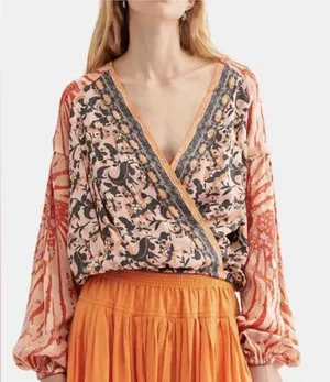Free People FP One Sunrise Coral Boho Floral Wrap Top thumbnail 1