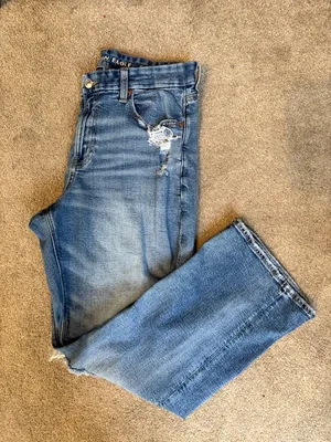 American Eagle Medium Wash Distressed Curvy Straight Leg Jeans Size 14 Short thumbnail 1