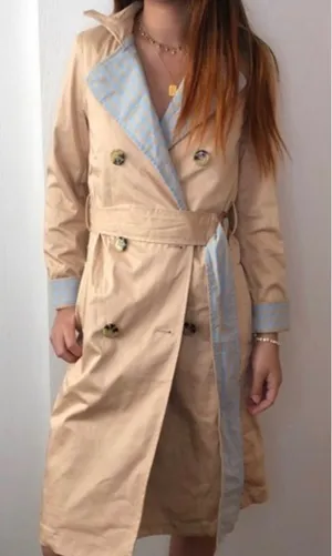 Anthropologie Trench Coat Womens S Tan Gingham Trim Double Breasted Classic Chic thumbnail 1