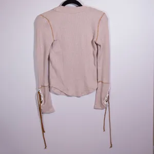 Free People Moutaineer Waffle Knit Lace Up Long Sleeve Crew Neck Tee Shirt Beige thumbnail 4