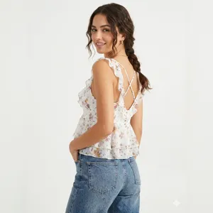 Abercrombie Fitch Floral Peplum Top‎ Womens Small Ruffle Strappy Babydoll Y2K thumbnail 2