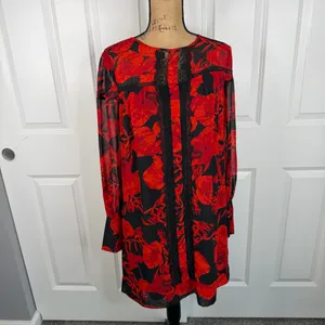 Eva Mendes Red & Black Floral Shift Dress | Size M | Elegant Lace Detail thumbnail 2