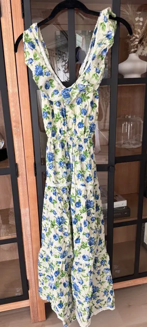 ASOS Design floral maxi dress ditsy eyelet broidery trim tiered ruffle open back thumbnail 1