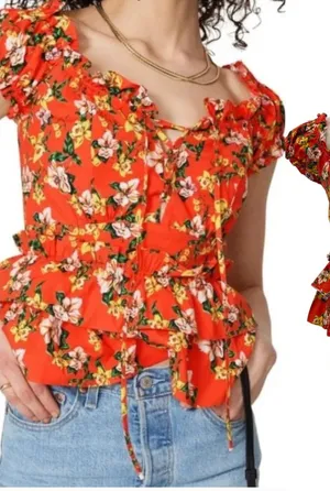 Marissa Webb Amaya Floral Ruffle Peplum Top Puff Sleeve Red Size 6‎ thumbnail 1