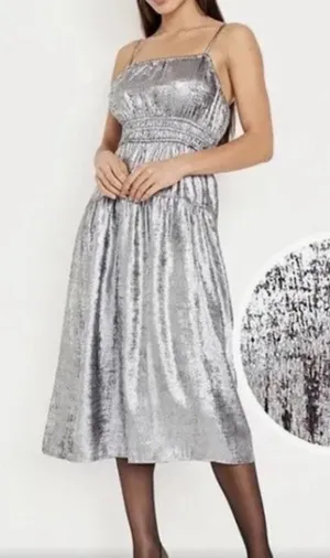 Y2K Metallic Boho Smocked Waist defined Midi Dress L Party Prom Graduation Glam thumbnail 1