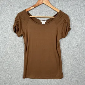 Tweeds Womens‎ Top Small T-Shirt Brown Stretch Short Sleeve NWT Ruched Basic Y2K thumbnail 4