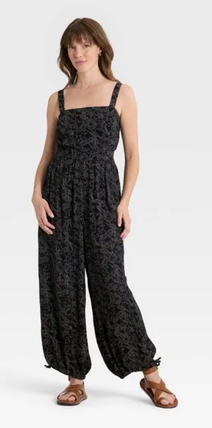 Universal Thread Smocked Boho Jumpsuit Dark Floral Tie-Cuff Cottagecore Festival thumbnail 1