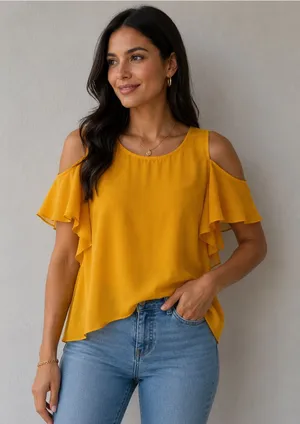 Lush Mustard Cold-Shoulder Ruffle Top thumbnail 1