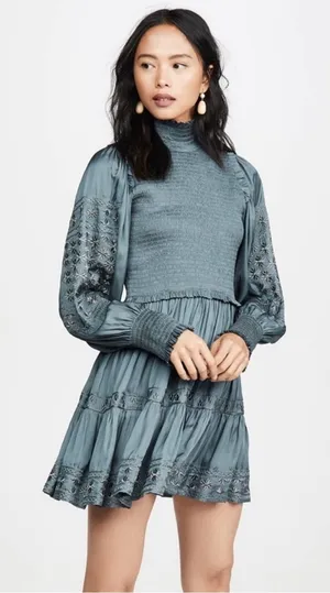 Ulla Johnson Blue Angelica Mock Neck Embroidered Smocked Mini Dress, Size 4 thumbnail 1