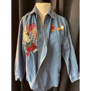 Vintage PTKV Denim Sewing Quilting Patchwork Button Down Shirt Blue Medium‎ thumbnail 2