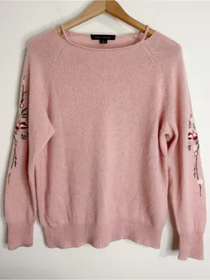 Skull Cashmere Dusty Pink Floral Skull Embroidery Neck Cutout Cashmere Sweater M thumbnail 1