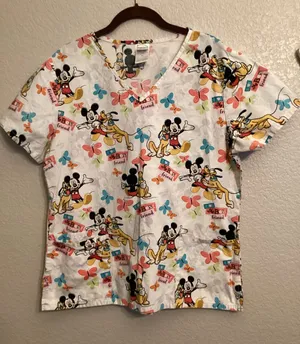 Disney Mickey & Pluto "My Best Friend" Butterfly V-neck Nurse Scrub Top M thumbnail 1