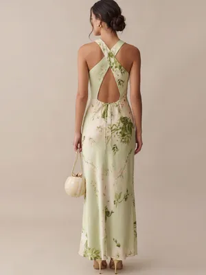 O.p.t. Few Moda Roslyn Size M Green Floral Silk Maxi Dress Few Moda thumbnail 4