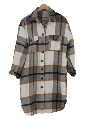 Plaid Longline Shacket Grey Cream Tan Oversized Button Front L thumbnail 1