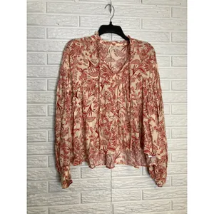 By Anthropologie peasant blouse off white‎ & red tie collar women's size small thumbnail 3
