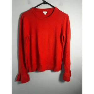 J.Crew Womens Ruffle Cuff Crewneck Sweater Red Cotton Wool Blend G9861 Size S‎ thumbnail 3