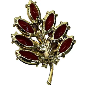 Navette Opaque Red Glass Stemmed Flower Leaf Brooch Pin thumbnail 2