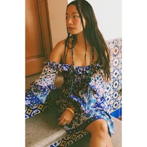 Spell Clairvoyant Mini Dress Blue Floral Paisley Smocked Boho Medium thumbnail 3