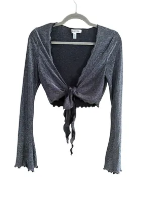 Women's Urban Outfitters Silver Black Tie-Front Crop Top Size M thumbnail 8