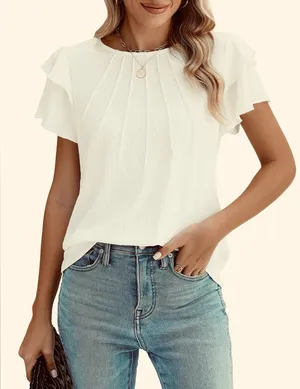 Blooming Jelly Dressy Casual Tops Business Work Blouses Summer Shirts Short Sleeve Crew Ivory M thumbnail 1