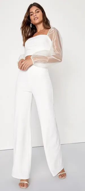 NWT Lulus Sheerly Sultry Ivory Organza Balloon Sleeve Two-Piece Jumpsuit Size M thumbnail 1