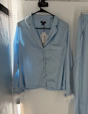 Nasty Gal Something Blue Bridal Pajama Set US 4 Baby Blue Feather Trim NWT thumbnail 1