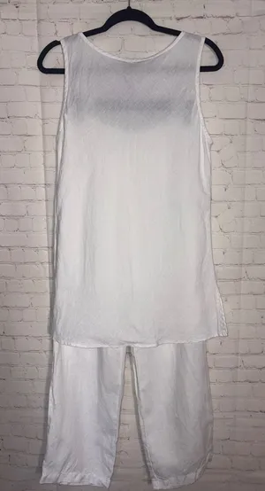Cut Loose Womens White 100% Linen 2 Piece Set Tunic Tank Top and Wide Leg Pants thumbnail 1