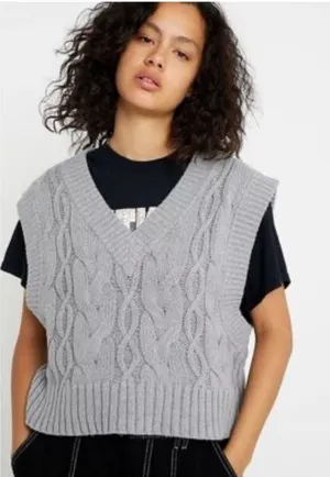 Urban Outfitters Preppy Grey Cable Knit V-Neck Sweater Vest Large Sleeveless L thumbnail 1