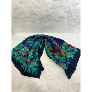 Magenta Vintage Square Scarf Made in Italy Navy Blue Green Leaf Bird Print thumbnail 2