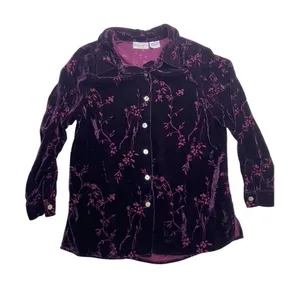 Jaclyn Smith Classic Plus Button Down Women X Purple Floral Velvet Burnout‎ Top thumbnail 1