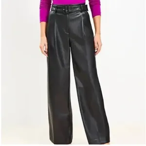 Loft Black Faux Leather High Rise Wide-Leg Belted Fleece Lined Trouser‎ Pants thumbnail 2