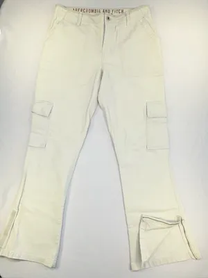 Abercrombie & Fitch Women’s Cream Cargo Pants Low Rise Flare Leg Zip Hem Sz 10 thumbnail 2