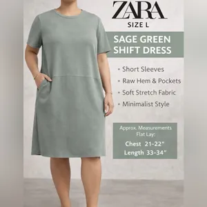 Zara women’s size L Sage Green Shift Dress Raw Hem Short Sleeve Pockets(A425)✨ thumbnail 3