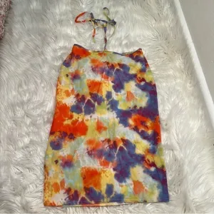 Boohoo Womens Sz 4 Halter Top Mini Dress Yellow Orange Purple Tie Dye Slit Sides thumbnail 3