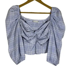 Stradivarius Knot Front Plaid Puff Sleeve Crop Top Blue Cottagecore Size S thumbnail 1