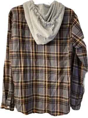 Women’s Plaid Hooded Button-Up Shirt Jacket in Gray and Brown thumbnail 3