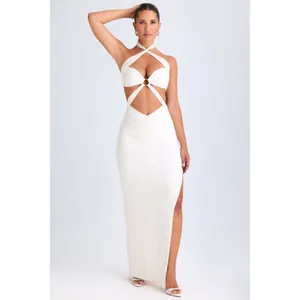 Oh Polly Kalyani White Cut Out Ruched Halter Maxi Dress NWT Size XS‎ thumbnail 5