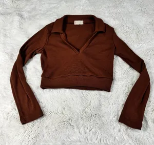 Altar'd State Brown Cropped Collared Long Sleeve Top Sweater thumbnail 1
