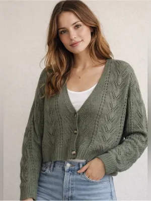 American Eagle Outfitters Olive Green Knit Cropped Cardigan thumbnail 1