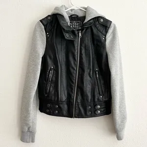 Last Kiss Y2K Black Leather Hybrid Gray Hooded Zip Moto Jacket Size Medium thumbnail 3