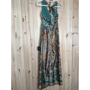 NWT Lulus Divine Wanderings Teal Green Scarf Print Satin Wide-Leg Jumpsuit Sz XS thumbnail 6