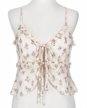 Lulus Women Camisole Top White Pink Floral Lace Ruffle Tie Front Coquette Large thumbnail 1