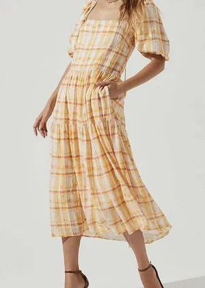 astr the label Ilana Dress Yellow Plaid M Open back Boho Puff Sleeve Pockets thumbnail 3