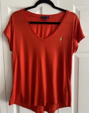 Ralph Lauren V-Neck Tee Womens Size L Orange Pony Logo Cotton Lyocell Shirt thumbnail 1