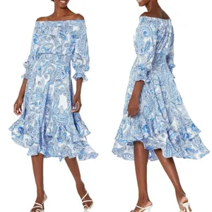 Tahari New Smocked Dress Asymmetrical Ruffle Hem Blue Paisley NWT Women Size 16 thumbnail 14